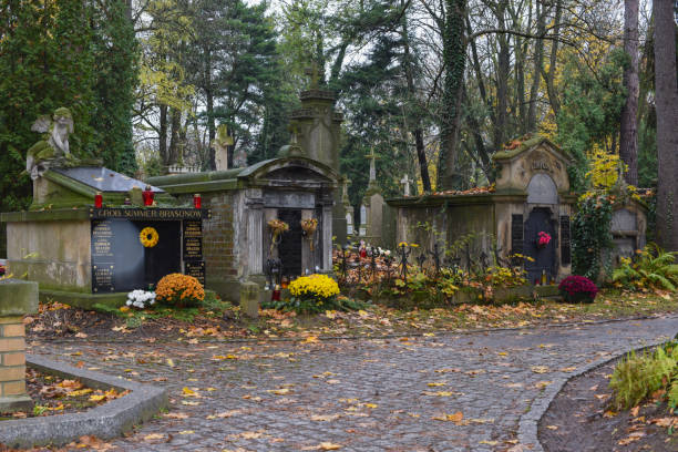 Krakow, Poland - November 5, 2019:  View of tombs decorated with chrysanthemums and candles at Rakowicki Cemetery, the largest and most important of Krakow's cemeteries.