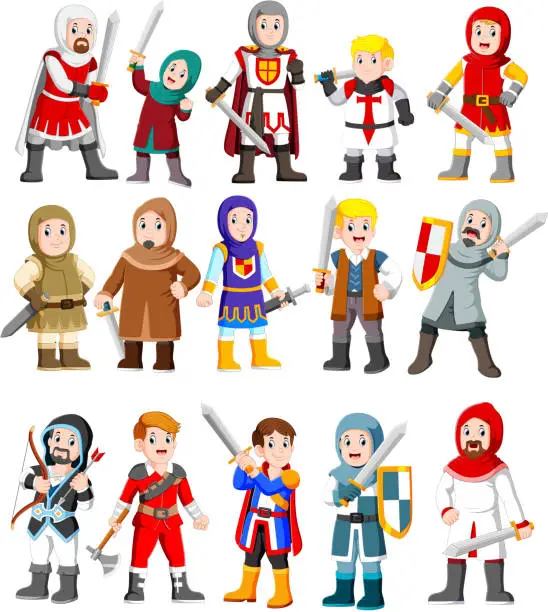 Vector illustration of Collection of cute cartoon medieval knight characters
