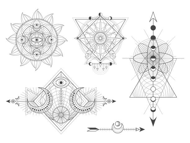 vektor-set von heiligen geometrischen symbolen und figuren auf weißem hintergrund. abstrakte mystische zeichen sammlung. - pyramide sammlung stock-grafiken, -clipart, -cartoons und -symbole