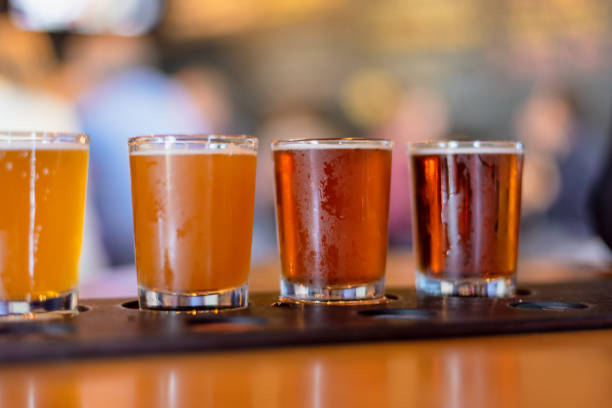 istock closeup of beer flight on table 1185771343