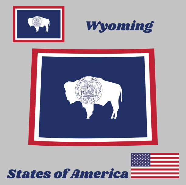 illustrations, cliparts, dessins animés et icônes de plan de carte et drapeau du wyoming, les états de l'amérique. - wyoming flag american bison poster