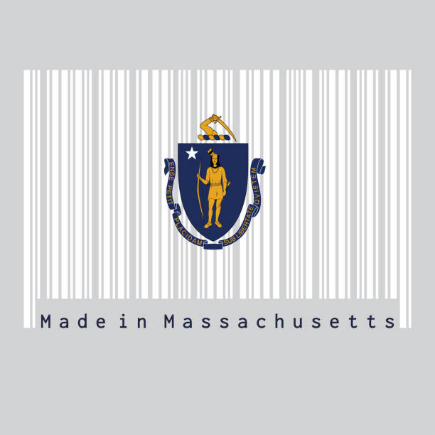 illustrations, cliparts, dessins animés et icônes de le code-barres a mis la couleur du drapeau du massachusetts, les états de l'amérique. les armoiries de l'état centrées sur un champ blanc. texte: fabriqué dans le massachusetts. - massachusetts flag state insignia