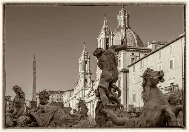 アゴネのネットゥーノ噴水とサンタニェーゼ教会のヴィンテージ写真, ナヴォーナ広場, ローマ, イタリア - rome piazza navona church roman mythology ストックフォトと画像