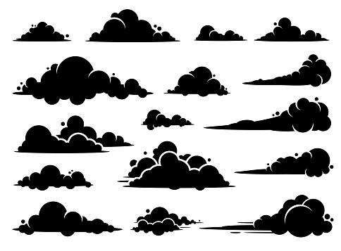 A set of clouds illustration in the sky in black silhouette.