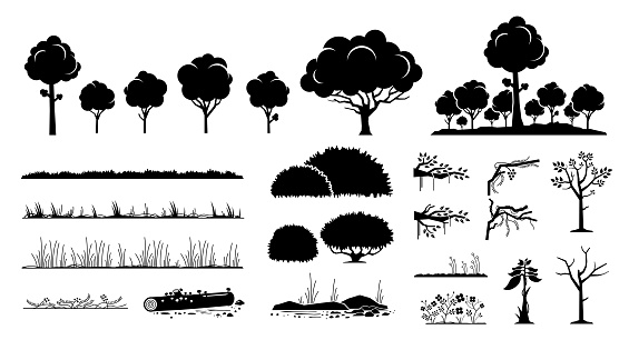 A set of tree, foliage, grass, forest, flower, bushes, branches, and vines in black silhouette style.