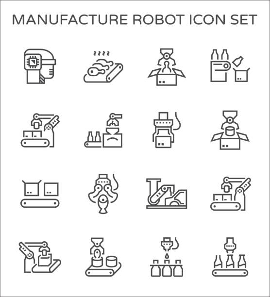 robot production icon Robot and production industrial work vector icon design for production work graphic design element. grain and cereal products stock illustrations