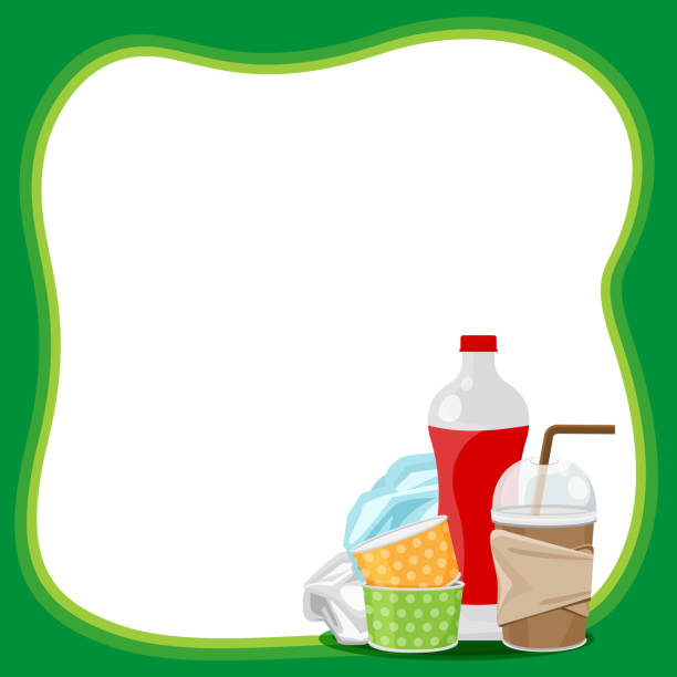ilustrações de stock, clip art, desenhos animados e ícones de plastic waste dump on template banner green frame and white background copy space, plastic bottle garbage waste on banner blank, frame of plastic waste glass garbage, illustration ad empty for message - can disposable cup blank container
