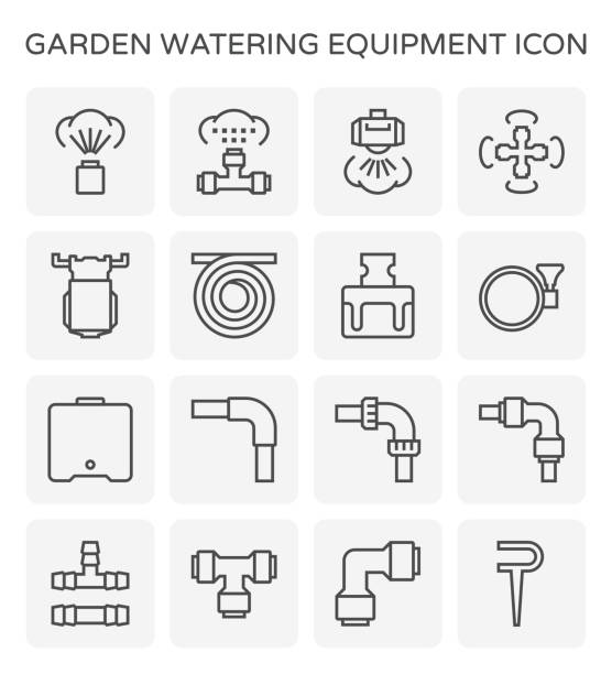 garden watering icon Garden watering equipment and sprinkler icon set for automatic sprinkler system graphic design element, editable stroke. hose stock illustrations