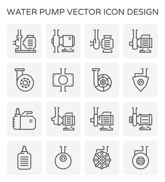 water pump icon Electric water pump and steel pipe for water distribution isolated on white background, editable stroke. electric motor white background stock illustrations
