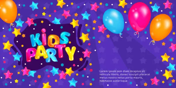 Vector illustration of Kids party flyer or invitation with balloons and boom frame vector illustration.