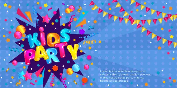 Vector illustration of Kids party invitation flyer banner with text template, fun game zone confetti explosion card with colorful cartoon text