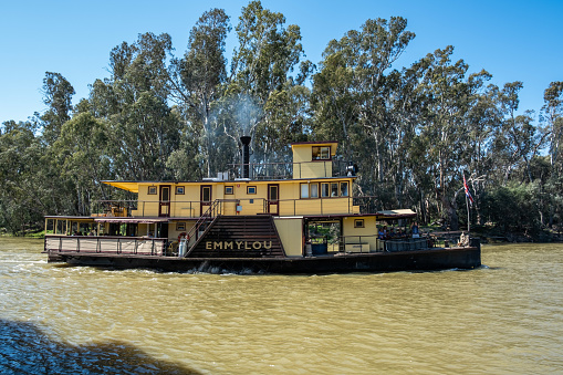Echuca, Australia - October 3, 2019: Authentic original Paddle Steamer Emmylou on Murray River