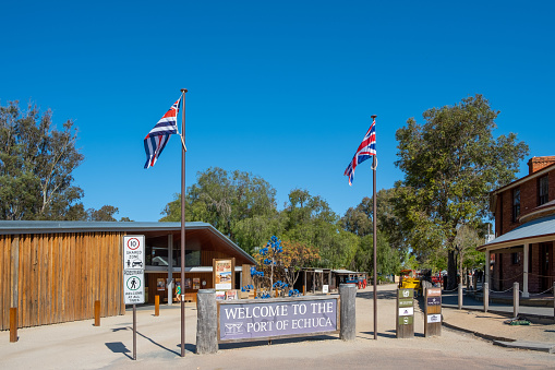 Echuca, Australia - October 3, 2019: Entrance to the Port Of Echuca Discovery Centre and Murray Esplanade