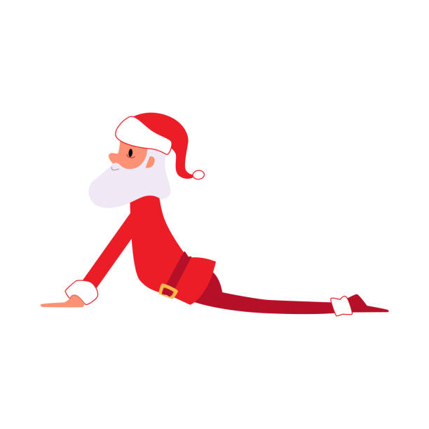 Funny cartoon Santa Claus in yoga pose, Christmas holiday mascot stretching his lower back in cobra position Funny cartoon Santa Claus in yoga pose, Christmas holiday mascot stretching his lower back in cobra position, Winter Xmas meditation class ad character - isolated flat hand drawn vector illustration snakes beard stock illustrations
