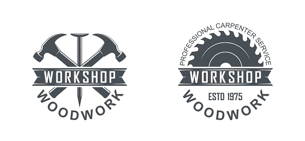 Black and white illustration of a logo of a workshop of wooden products