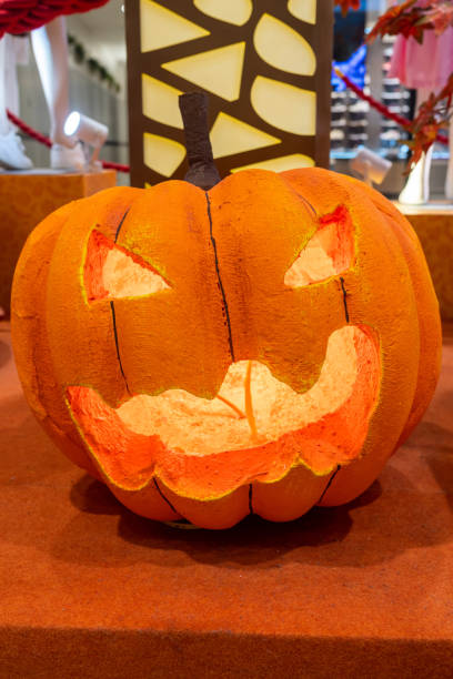Scary halloween pumpkin head jack o lantern with light