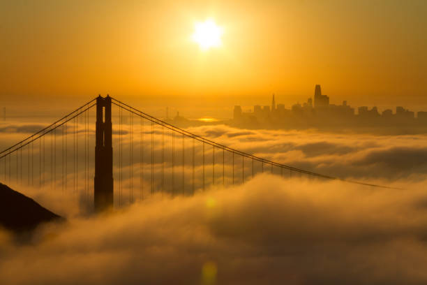 golden gate bridge sonnenaufgang im tiefnebel - golden gate bridge bridge weather california stock-fotos und bilder