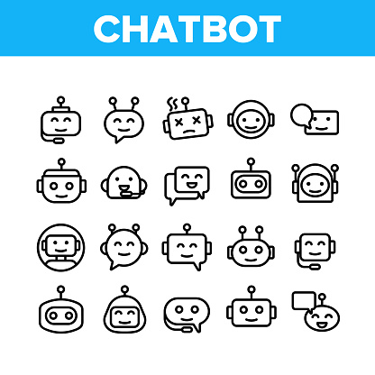Chatbot Robot Collection Elements Icons Set Vector Thin Line. Artificial Intelligence Chatbot. Communication Message Technology Concept Linear Pictograms. Monochrome Contour Illustrations