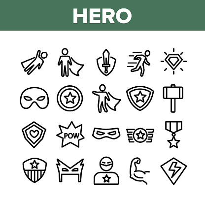Super Hero Collection Elements Icons Set Vector Thin Line. Hero Superman Silhouette And Captain America, Face Mask And Shield Concept Linear Pictograms. Monochrome Contour Illustrations