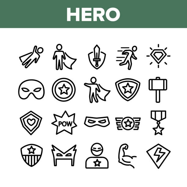 Super Hero Collection Elements Icons Set Vector Super Hero Collection Elements Icons Set Vector Thin Line. Hero Superman Silhouette And Captain America, Face Mask And Shield Concept Linear Pictograms. Monochrome Contour Illustrations superhero stock illustrations