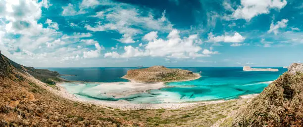 The paradise lagoon and beach of Balos on the Crete island in Greece. Seen during a hot day in the summer.