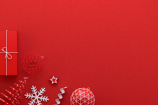New Year, Red color background, red and white colors,  3d rendering Christmas and new year ornaments.