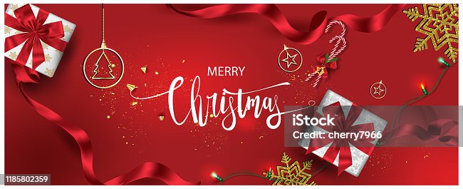 istock Horizontal Christmas and Happy New Year banner Xmas sparkling lights garland with gifts box greeting cards, headers, website Objects viewed from above. Flat lay,Top view elements for promotion isolate 1185802359