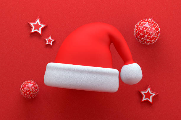 New Year, Christmas Concept. Red color background, red and white colors,  3d rendering Santa hat.