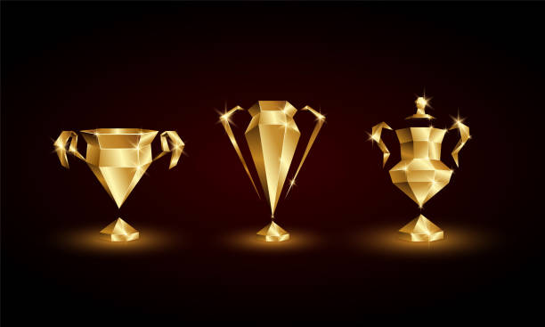 ilustrações, clipart, desenhos animados e ícones de golden low poly soccer cups set. troféu abstrato de futebol poligonal 3d do euro, campeões, liga das nações. - trophy soccer sport success