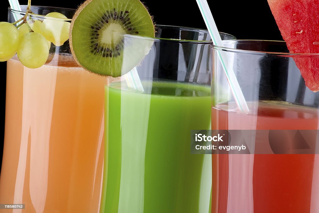 Juice and fresh fruits - organic, health drinks series  Black Background Stock Photo