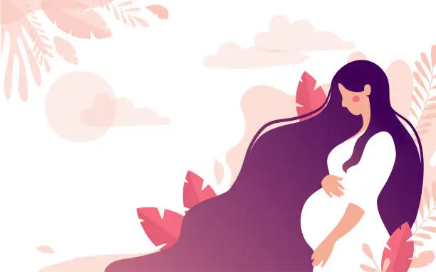 Vector illustration of Cute character of a pregnant woman on a background of a gentle landscape with leaves and the sun, a place for text. The concept of motherhood, pregnancy, health, support for young mothers. Flat stock vector