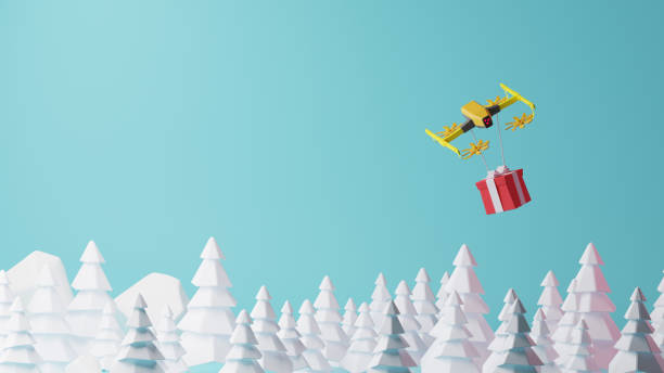 istock 3D rendering,The yellow drone sends a gift box to the customer by flying over the forest 1185810375