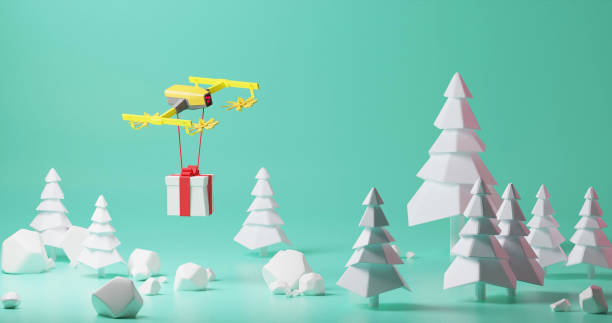 istock 3D rendering,The yellow drone sends a gift box to the customer by flying over the forest 1185810390