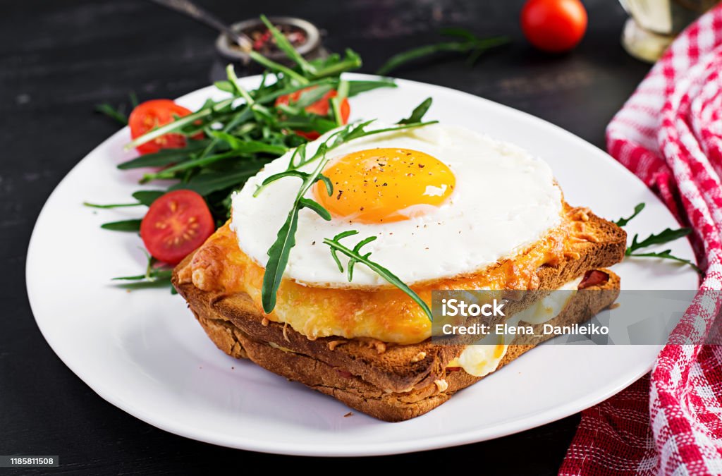 Breakfast. French cuisine. Croque madame sandwich close up on the table. Croque Madame Stock Photo