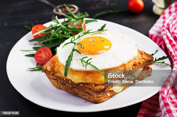 Breakfast French Cuisine Croque Madame Sandwich Close Up On The Table Stock Photo - Download Image Now