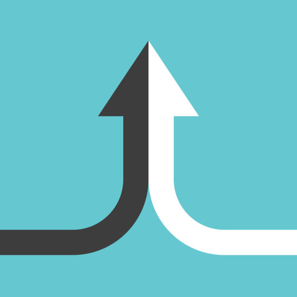 Black, white merged arrow Bent arrow of two black and white ones merging on turquoise blue background. Partnership, merger, alliance and joining concept. Flat design. Vector illustration, no transparency, no gradients co dependent relationship stock illustrations