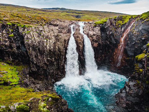 Iceland waterfall nature travel landscape in Icelandic nature background, top view