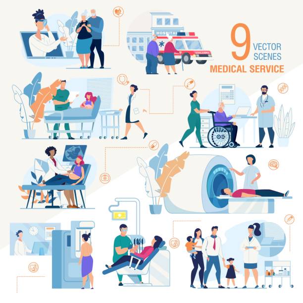 Clinic Medical Services Flat Vector Scenes Set Modern Clinic Medical Services Trendy Flat Vector Scenes Set. Doctor Screening Pregnant Woman, Lady Visiting Dentist, Nurse Transporting Senior Man on Wheelchair, Doctor Consulting Family Illustration hospital illustrations stock illustrations