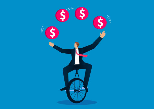 ilustrações de stock, clip art, desenhos animados e ícones de businessman sitting on a wheelbarrow playing acrobatics - unicycling unicycle cartoon balance