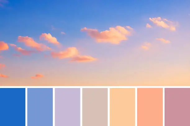 Color matching swatch palette from panoramic image of romantic colorful sunset with pink and orange fluffy clouds on blue and purple sky, natural color scheme