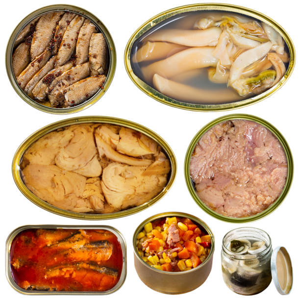 istock Collage of canned products on white background 1185820718