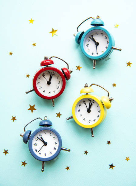 istock Flat lay Christmas composition with color clocks 1185820842