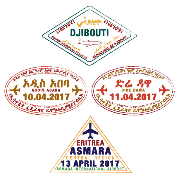 stylizowane znaczki paszportowe dżibuti, etiopii i erytrei w formacie wektorowym. - state of eritrea stock illustrations