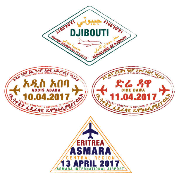 ilustrações de stock, clip art, desenhos animados e ícones de stylised passport stamps of djibouti, ethiopia and eritrea in vector format. - state of eritrea