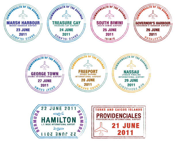 Lucayan Islands passport stamps in vector format. Lucayan Islands passport stamps in vector format. providenciales stock illustrations