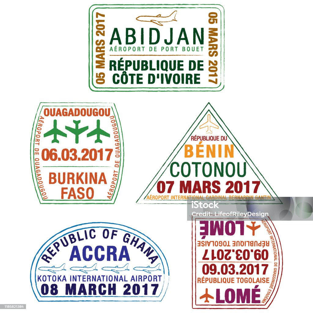 Паспортные марки Кот-д'Ивуара, Буркина-Фасо, Бенина, Ганы и Того в векторном формате. - Векторная графика Гана роялти-фри