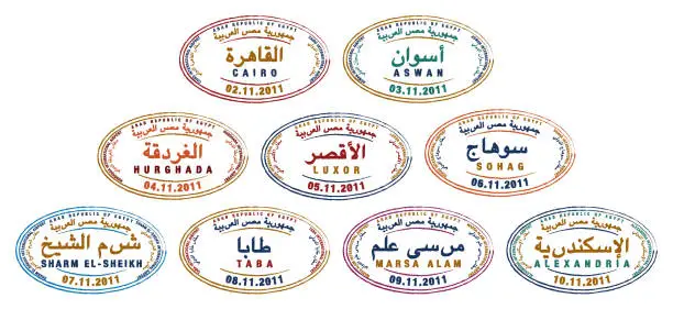 Vector illustration of Egypt passport stamps in vector format.