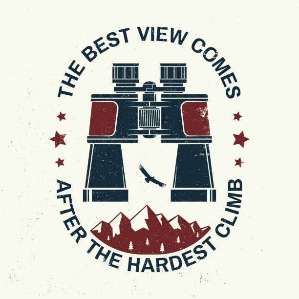 The best view comes after the hardest climb slogan. Summer camp. Concept for shirt or logo, print, stamp or tee. Vintage typography design with binoculars, mountains, condor, sky and forest silhouette The best view comes after the hardest climb slogan. Summer camp. Vector Concept for shirt or logo, print, stamp or tee. Vintage typography design with binoculars, mountains, condor and sky silhouette binoculars patterns stock illustrations