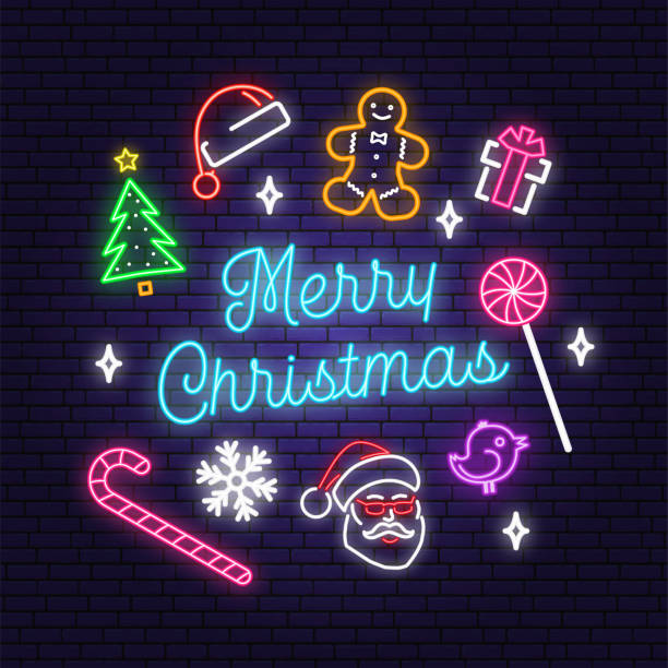 Merry Christmas and 2020 Happy New Year neon sign with christmas tree, gift, santa hat, bird. Vector. Neon design for xmas, new year emblem, bright signboard, light banner. Night signboard vector art illustration