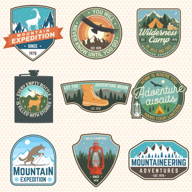 ilustrações de stock, clip art, desenhos animados e ícones de mountain expedition and outdoor adventure badges. vector. concept for badge, patch, shirt, print, stamp or tee. design for hiking emblems, mountains emblem badges, outdoors hill travel - camping campfire boy scout girl scout